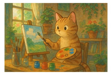 cat painting on a canvas, ghibli-inspired style sticker