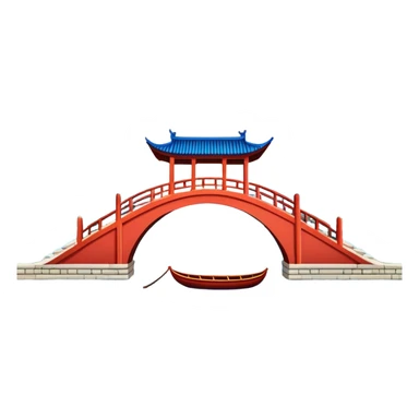 West Lake with Broken Bridge, prominent blue water surface with ripples, small traditional boat on water, symmetrical composition, simplified emoji style with bold outlines, Chinese arch bridge over expanded lake sticker