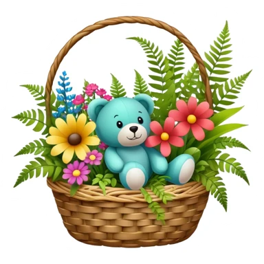 Icon for Floristry: a woven basket with flowers, reeds, ferns, bright ribbons, and a small plush toy. The icon should represent creativity in flower arrangement and decorative design. Transparent background. sticker