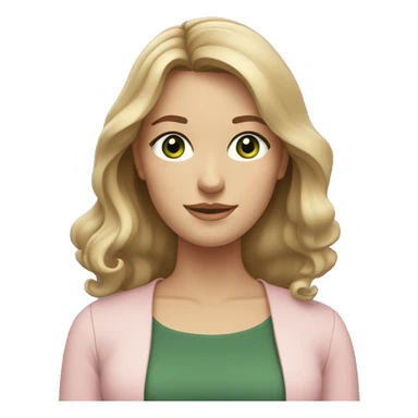 A young women with shoulder length slightly wavy dark blonde hair, dark green eyes wearing a light pink blouse  sticker