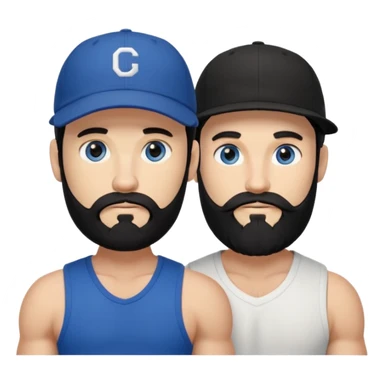 two guys, a gay couple. Guy on right, curled black hair sticking out under a baseball cap, long black beard, blue eyes, chiseled features, very tanned and very muscular. The other, pale white skin tone, very short black hair, a short beard, brown eyes, toned body. sticker
