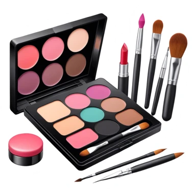 icon featuring professional makeup brushes, a high-quality lipstick, a sleek eyeshadow palette, a makeup sponge and a set of tools like tweezers and eyeliner pencil. The design highlights the precision and artistry of makeup with detailed textures and realistic lighting. Transparent background. sticker