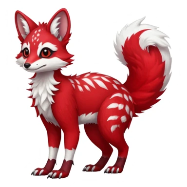 Feral Rare Fantasy   bright cherry-red fur with clean snow-white chest and muzzle Vernid-Sergal-Genet-Trico-species by LiLaiRa, random markings, tufted tail, tufted ears, full body sticker