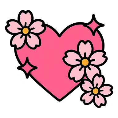 heart with sakura flowers and pink shimmer, color outline icon style sticker