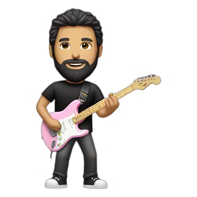 white man with dark beard and black t shirt and pastel pink stratocaster electric guitar sticker