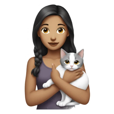 A dark-haired girl is holding a gray white kitten sticker
