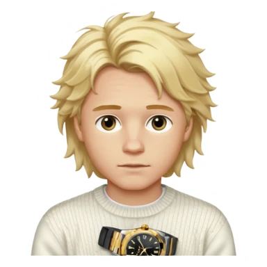 Create a look for a blond boy with long, tousled hair, light eyes, a white sweater, a wealthy appearance, blue eyes, and accessories like a Rolex or Cartier watch, and a cute face with messy hair down. sticker