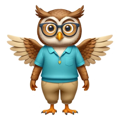 friendly anthropomorphised owl with wings instead of arms, colourful pants and shirt, wearing glasses, walking upright, unique pose 1 sticker