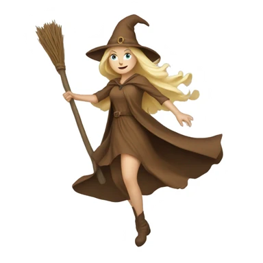 Blonde white witch in brown dress flying on broom sticker