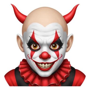 Crea un payaso que tenga toda la parte de la cara pintada de blanco que también de blanco esté la calva que no tenga pelo que tenga unas orejas como de duende, unos dientes picudos, unos cuernos de color negro y un traje de payaso rojo con negro sticker