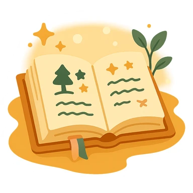 A cute open book lying on a cozy surface, designed in a soft and magical color palette: golden orange (FA9B41), deep forest green (4A7C5C), warm taupe brown (96775A), and pastel peach (FFCC9A). The pages are slightly aged with gentle curves, featuring whimsical illustrations, tiny stars, and elegant handwritten text. The book cover, visible beneath the open pages, has decorative patterns and a ribbon bookmark in peach and green tones. Around the book, add soft light, a few leaves, or glowing sparkles, creating a dreamy, enchanted, storybook-like atmosphere. The overall mood is warm, magical, and gentle sticker