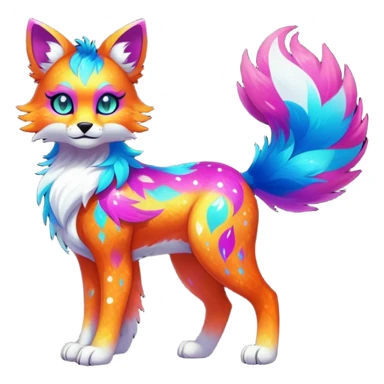 Vibrant multicolored neon-colored Falvie-Fionbri-creature-sparkle-feline-canine-hybrid-fursona, full body sticker