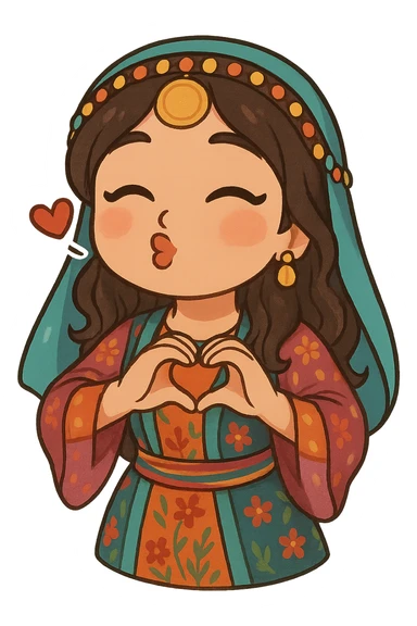 Cartoon sticker of a Kurdish woman in traditional Kurdish female clothing, colorful and cheerful, face sending a kiss, both hands forming a heart in front of chest, no shadows or color halos around the image, no text, suitable for WhatsApp and Instagram, fully transparent background. sticker