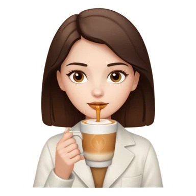 white brunette with brown eyes and a white outfit, drinking a caramel machiatto sticker