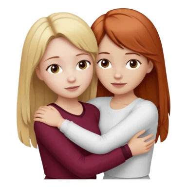 two girls who hug eachother. one has auburn hair with blonde highlights and very pale skin , other has medium-fair skin and blonde hair. girl with auburn or dark blonde hair is wearing a white outfit and girl with blonde hair is wearing a burgundy outfit sticker
