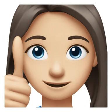 Girl with dark brown long hair, pale skin, blue eyes, light pink top, doing a thumbs up sticker
