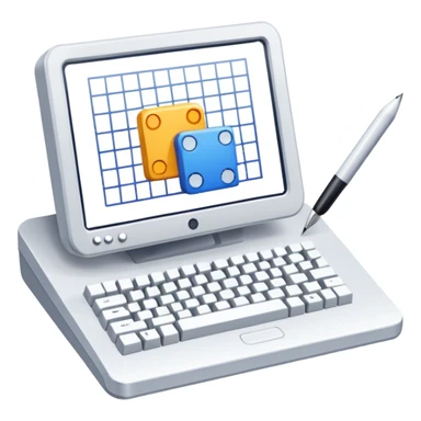 Professional icon for Game Design: computer screen with game interface, 3D models, pixel art, and design tools like grid, wireframe, and stylus. Symbolizes the technical and creative process of game development. Transparent background. sticker