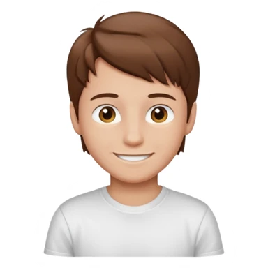 Boy with brown hair and white t-shirt sticker