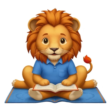 Happy lion reading  on a carpet with blue shirt on sticker