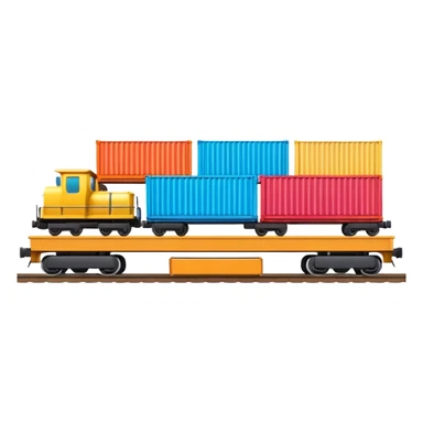 A 3D cartoon cargo train with colorful containers on flatbed cars, industrial background, Memoji-style realism. sticker