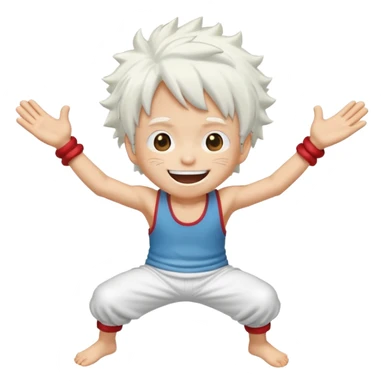 a joyful cartoon-style emoji of Luffy as a laughing character with wild, fluffy white hair, and a glowing white outfit. The character should have a big open smile, one hand on its face in laughter , and be in a dynamic mid-air pose with bent legs, as if carefree and floating. sticker