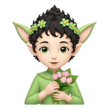Tiny elf baby black curly hair with pointy ears and hat, pastel green outfit, hold flowers sticker