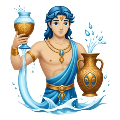 The zodiac symbol Aquarius. A mystical and beautiful water bearer, holding and pouring water into the sea from a large, intricate, and arcane vase sticker