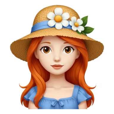 girl_wearing_summer_hat, white flower on hat, red orrange long hair, blue dress sticker