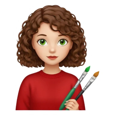 Девушка художник с кистью и палитрой  кудрявые коричневые волосы  стрижка каре Волосы средней длины зеленые глаза белая кожа красная кофта sticker