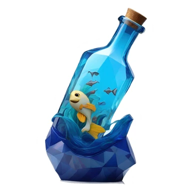 symbolic ocean in a bottle sculpture symbolizing Pisces with a geometric, faceted design. The bottle is standing upright with angular and baroque features. The vibrant deep blue waves colors highlights the sharp edges and planes.  sticker