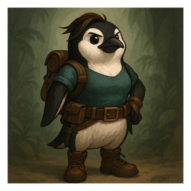 a penguin dressed as an explorer, inspired by Lara Croft, with a utility belt and boots sticker