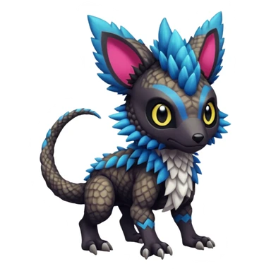 Cute cool realistic colorful exotic Trico-Wickerbeast-Protogen-Fakémon-Pokémon-Vernid-Fionbri-hybrid-creature dark (full body) sticker