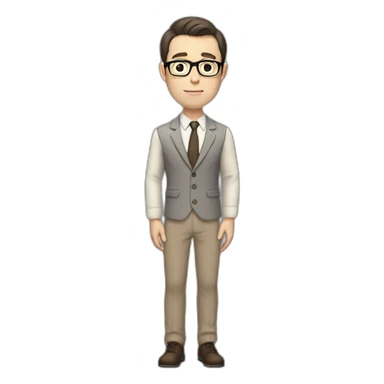 Full height Pale skinned fit man with dark brown hair in gray jacket, beige office shirt, brown tie, brown pants and vintage glasses. His right hand stretched out sticker