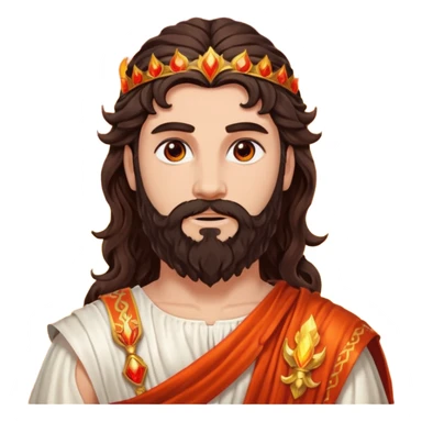 Vulcan, God of Fire from Roman Deities with long dark brown wavy hair and beard, red orange sequin toga  sticker