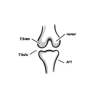 anatomical drawing of knee bones showing patella, femur, tibia, and fibula with labels sticker
