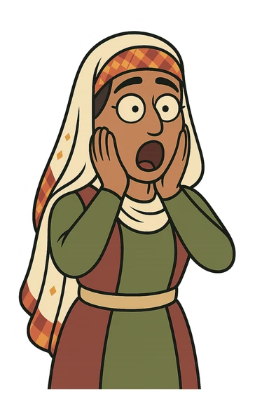 Kurdish man or woman in jamadani, cartoon style, feeling surprised, mouth open, hands on cheeks, no text sticker