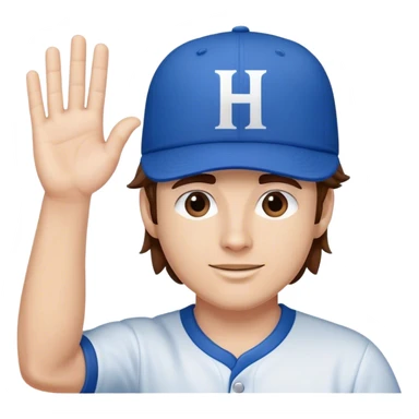 White Man with mid-length brown hair wearing blue baseball hat with the letter H on it. Hand waving sticker