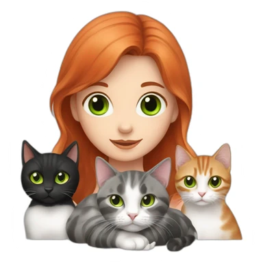 a red haired girl with green eyes surrounded by 3 black cats, 1 white and grey cat, 5 grey tabby cats sticker