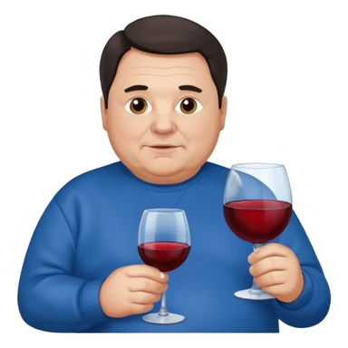 Older Fat man dark hair blue sweatshirt holding wine sticker