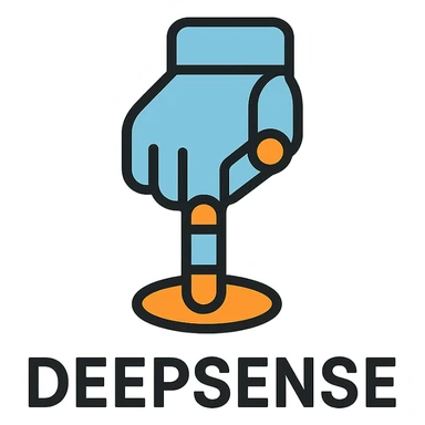 minimalist logo for 'DeepSense' with a single fingertip pressing or touching a surface, evoking robotic touch and human-like sensing, simple geometric forms, subtle color accents sticker