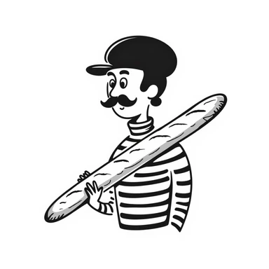 A Frenchman with a moustache and a beret, holding a baguette, wearing a black and white striped shirt, hand-drawn doodle style. sticker