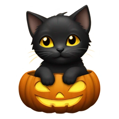 black cute kitten with yellow eyes sitting inside of a jack o lantern sticker