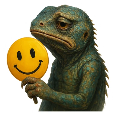 a melancholy lizard holding a bright yellow smiling emoji mask, emotional, detailed face, vivid colors sticker
