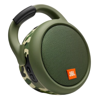 Ultra minimal JBL Clip 4 speaker with just a few green camouflage spots, iOS emoji style sticker