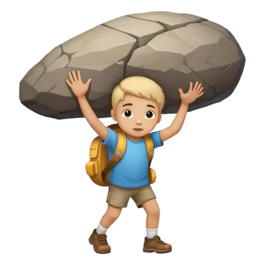 A child  carrying a large rock on his shoulders. Real 3D image sticker