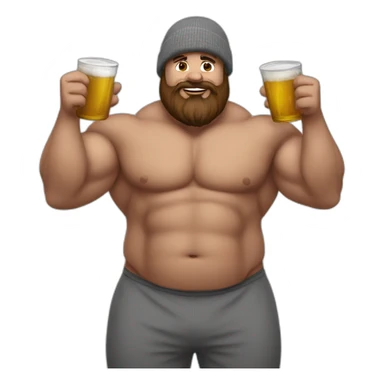 Fat Muscle builder in grey sweats no shirt brown and brown beard red winter hat drinking sticker