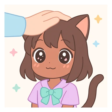anime style cat girl with brown skin, receiving a head pat, cute expression, focus on face and hand, soft colors sticker