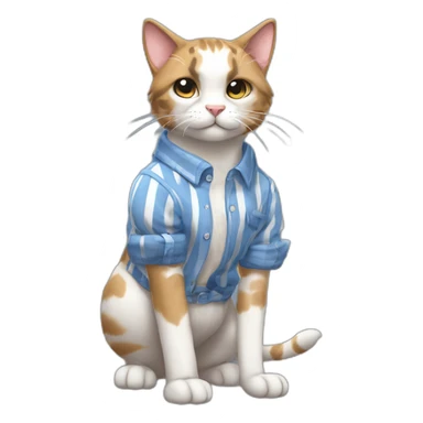 Purradise Meowscles is a buff anthropomorphic calico  cat  he has a mullet, a floral designed t shirt that is unbuttoned and blue and white stripped shorts sticker
