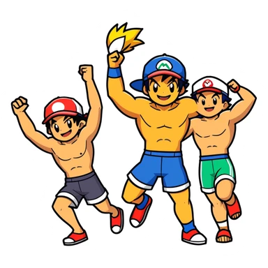 Hot handsome muscular 6ft 5inch tall smiling happy fun shirtless Ash Ketchum dancing to techno with two best friends in short swimwear sticker
