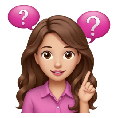 girl with long wavy brown hair, brown eyes, light to medium complexion, in a pink shirt, pink lips, long lashes, confused, question mark one speech bubble sticker
